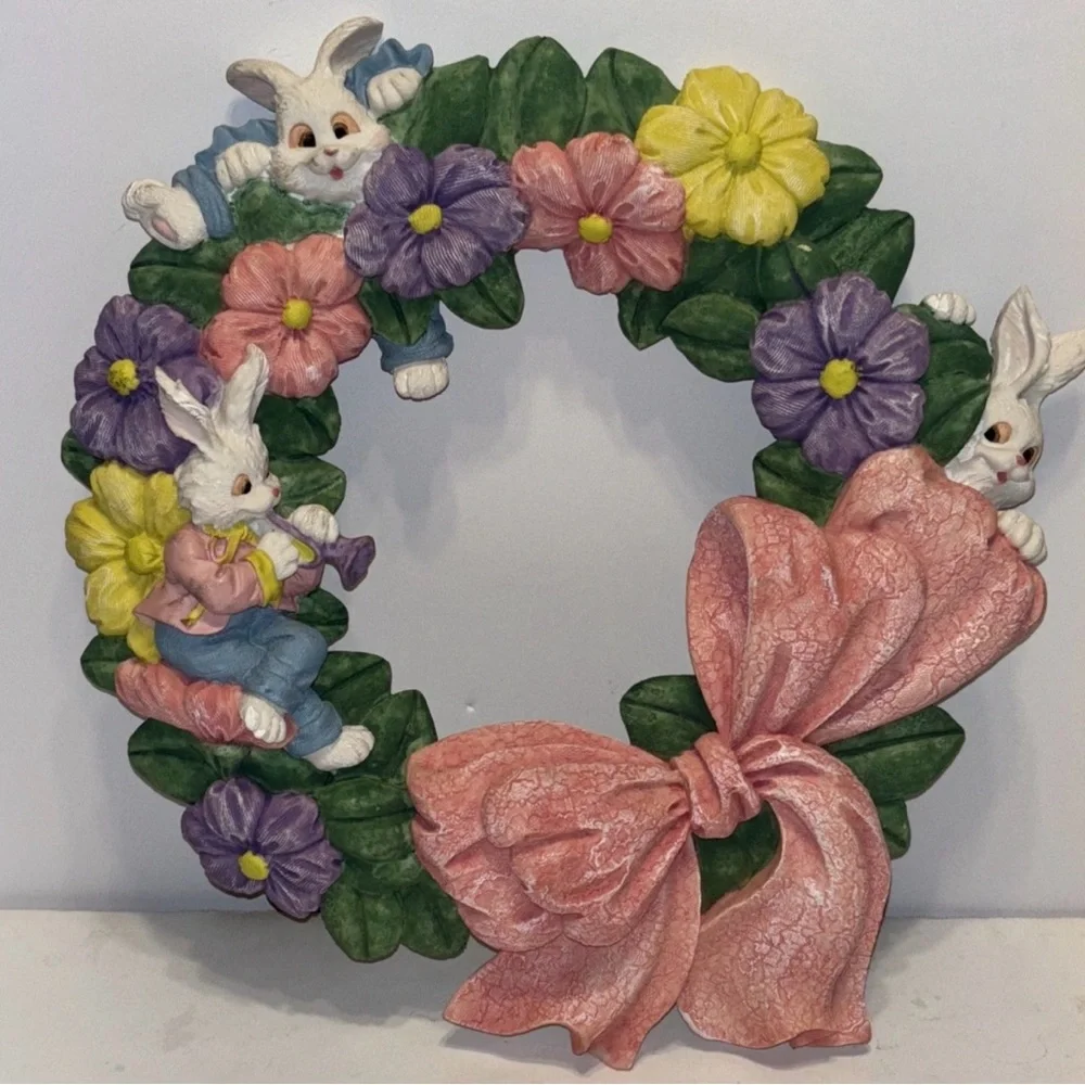 Vtg York 1995 Easter Bunny Flowers Resin Wreath 13